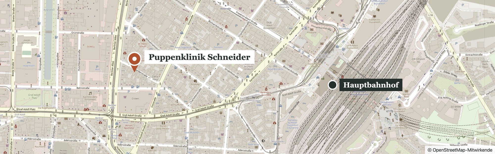 Stadtplan: Die Puppenklinik Schneider liegt in der Alexanderstraße 23, rechts davon der Düsseldorfer Hauptbahnhof, etwa 10 Minuten zu Fuß entfernt